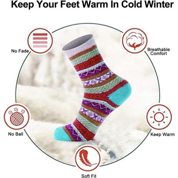 Wool Socks for Women, 5 Pairs Winter Warm Thick Crew Knit Socks Vintage Cozy - Picture 4 of 7